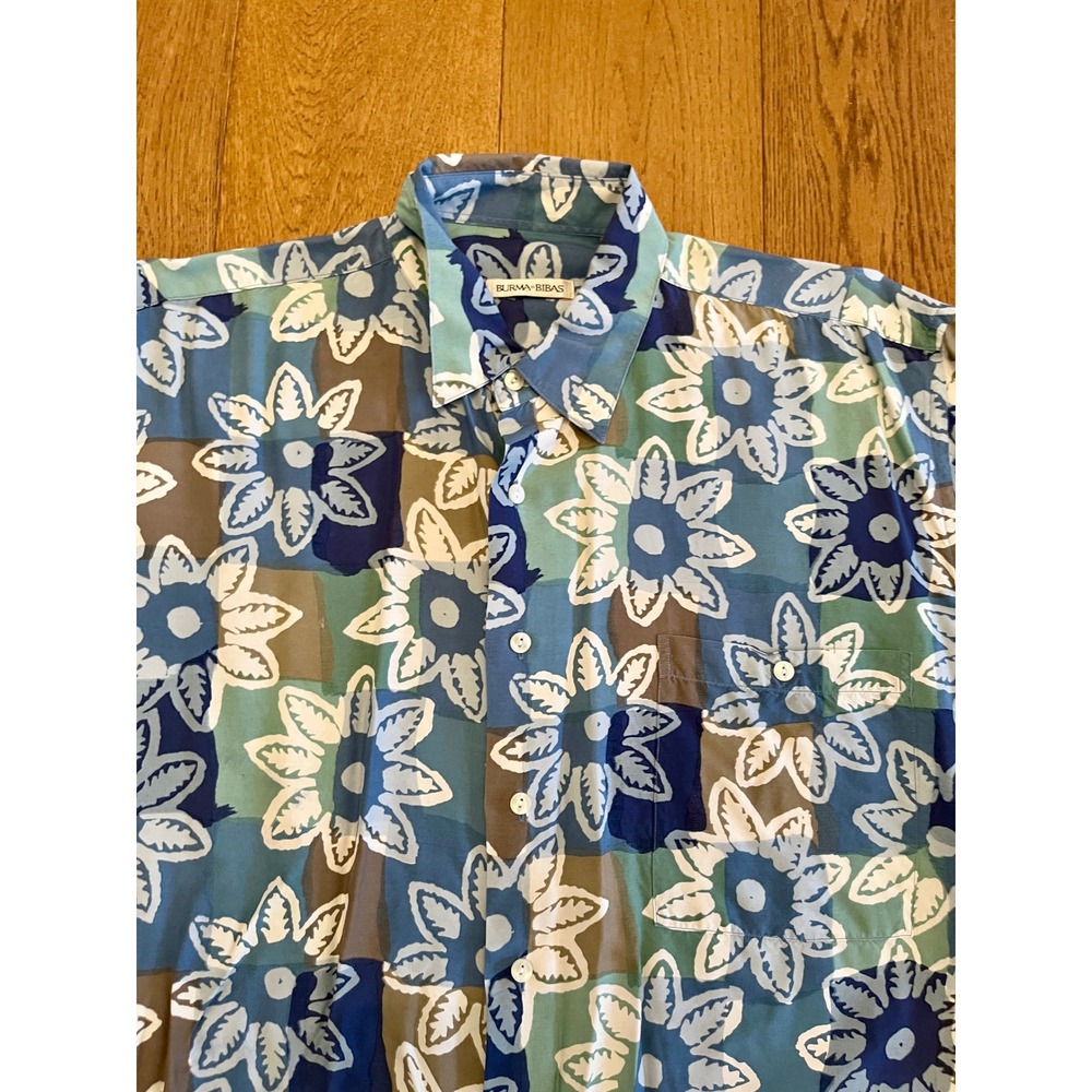 Burma Bibas Mens Large Rayon Floral Short Sleeve Button Up Shirt Blue Green L